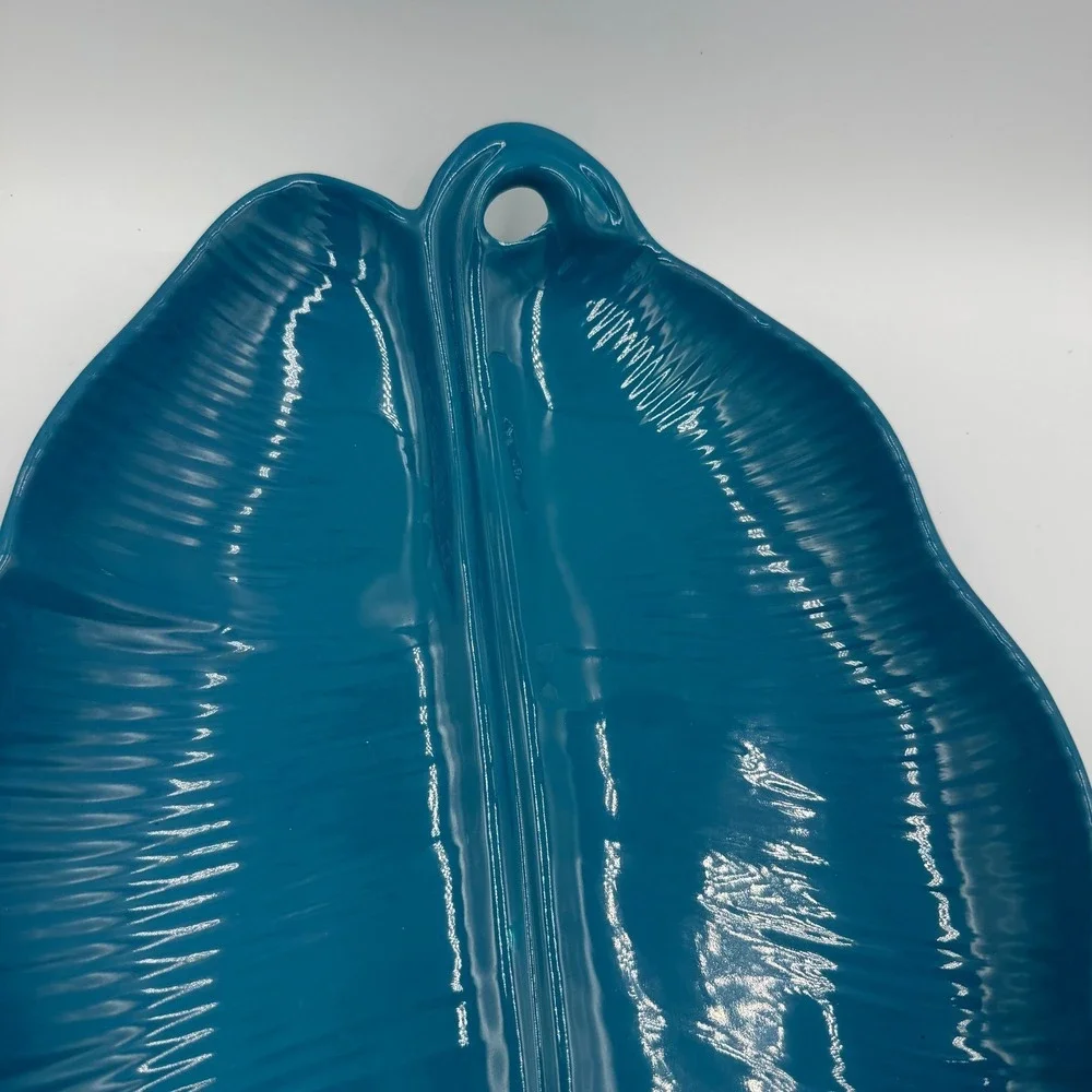 Teal Blue Leaf Shaped‎ Serving Tray Dish with Hanging Hole Melamine 20 Inch